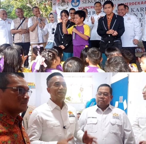 Ketua Kadin Indonesia, Anindya Bakrie didampingi Ketua Kadin Sultra, Anton Timbang saat meninjau program MBG disalah satu sekolah inklusif di Kendari