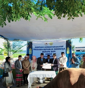 Wali Kota Baubau, H Yusran Fahim saat menyerahkan sapi kurban Presiden Prabowo kepada pengurus mesjid Islamic Center