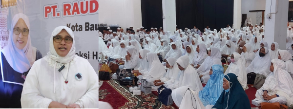 Masyarakat Kota Baubau Memadati Gedung Arasalana dalam Agenda Silaturahmi Bersama Jamaah dan Masyarakat Kota Baubau (Inset : Dirut PT Raudah Eksati Utama Hj. Istanti Riana Putri, ST)