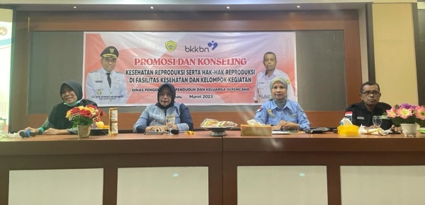 Ketua TP PKK Kota Baubau Wa Ode Nursanti  Monianse saat memberikan materi pada acara Promosi dan kesling  dengan Tema &quot;Kesehatan Reproduksi serta Hak Hak Reproduksi di fasilitas kesehatan dan kelompok kegiatan&quot; di Aula Hotel Galaxi Inn Kota Baubau Kamis (16/3/2023). 